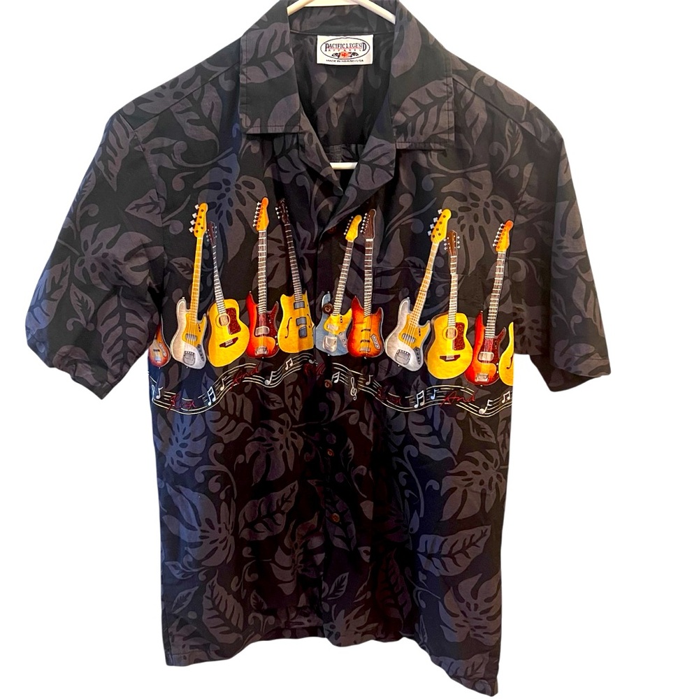 Black and Gray Tropical Hawaiian Shirt with a Guitar Border on the Front/Back. M